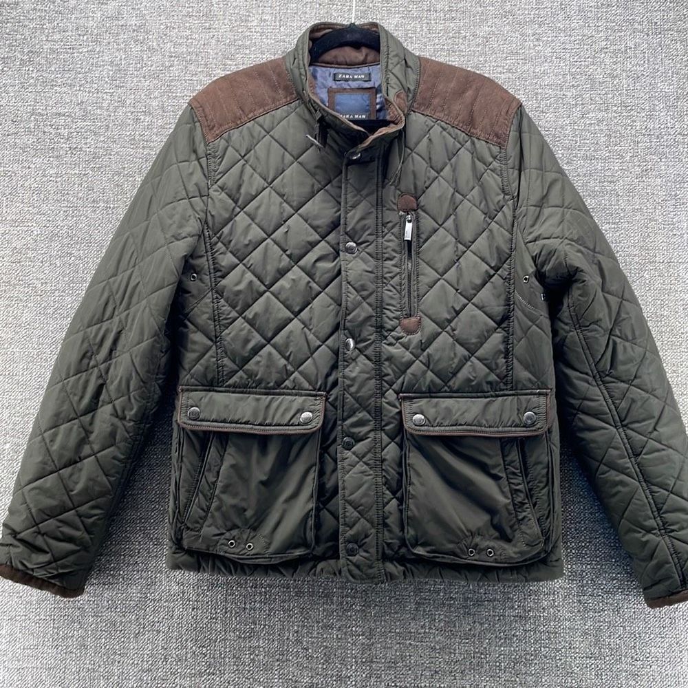 Zara Man Jacket XL Men Button Front with Pockets Quilted Green Long Sleeve Warm